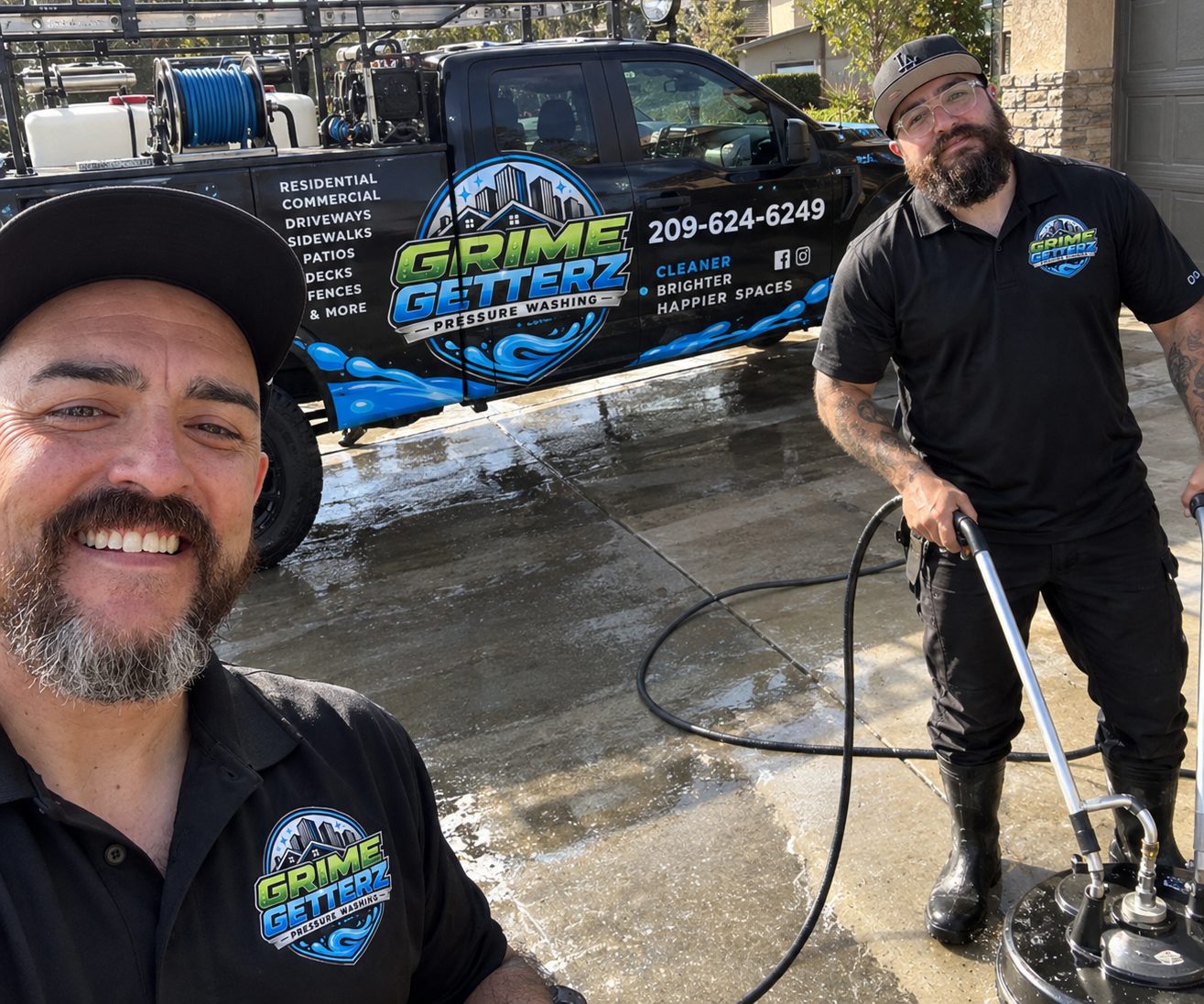 Two Grime Getterz crew members in branded polos beside the wrapped pressure washing truck, one running a surface cleaner on a driveway